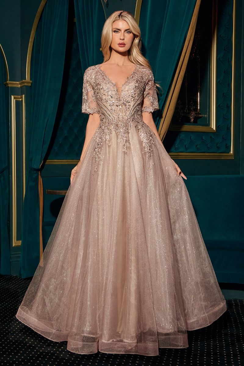Cinderella Divine -CD726 Deep V-neck Applique A Line Gown