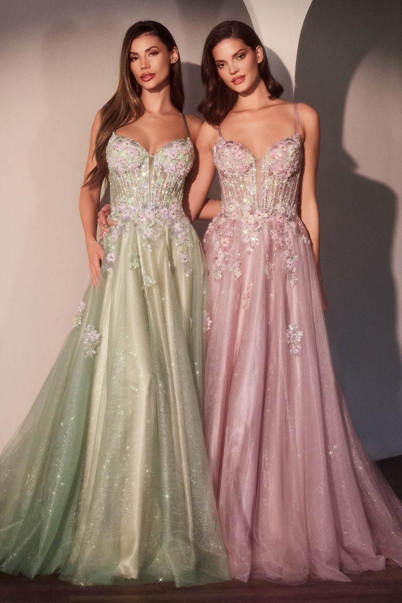 Cinderella Divine -CD740 Deep V-Neck Beaded Floral Gown