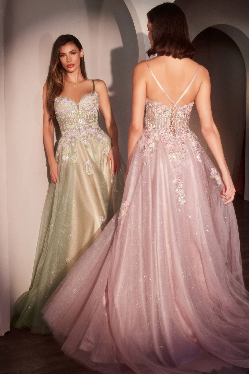 Cinderella Divine -CD740 Deep V-Neck Beaded Floral Gown