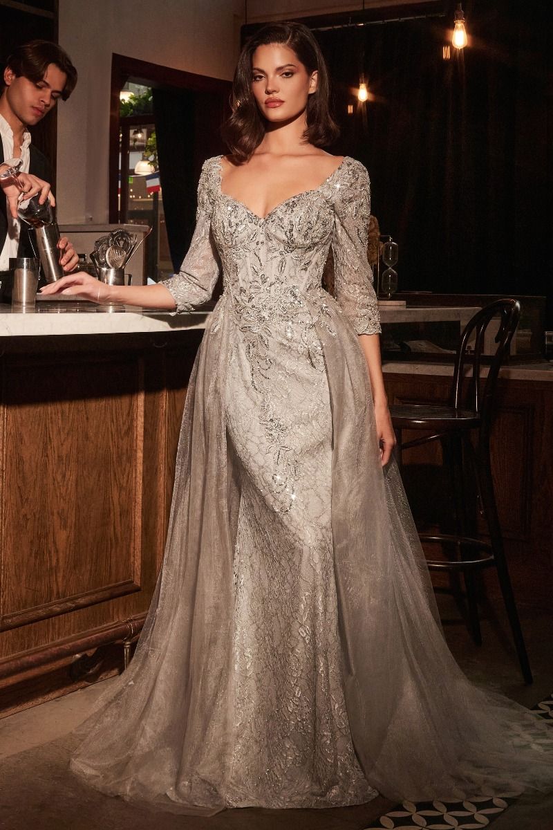 Cinderella Divine -CD749 Queen Anne neckline three-quarter sleeves Long Prom Gown