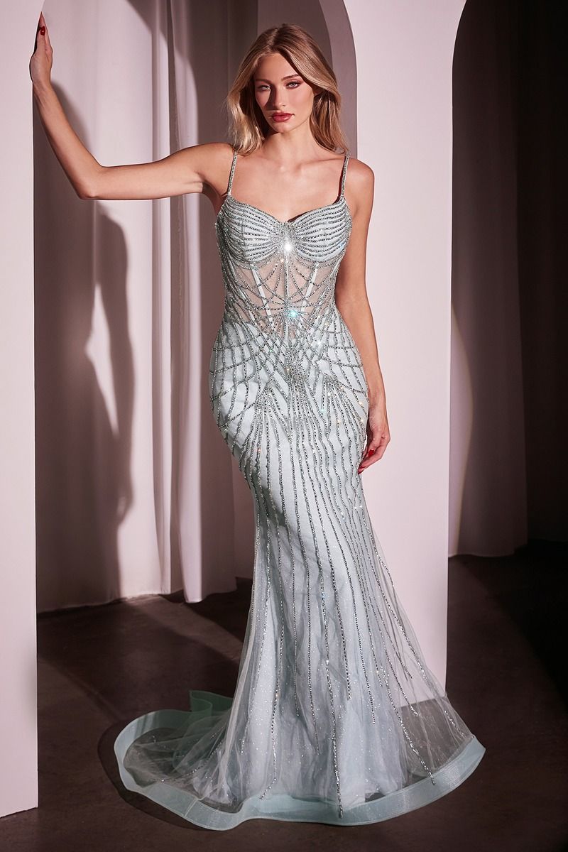 Cinderella Divine -CD766 Fitted Pearl & Crystal Prom Gown