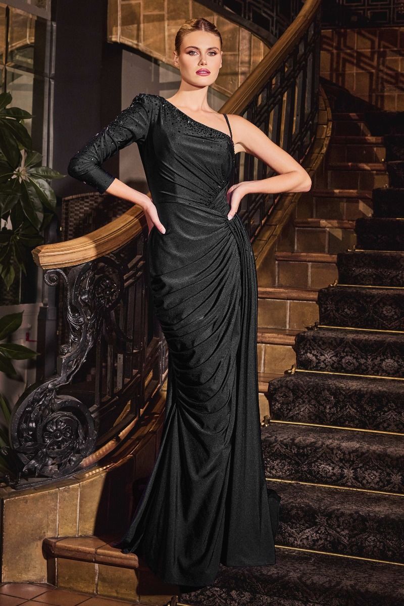 Cinderella Divine -CD787 One Shoulder Stretch Satin Fitted Gown