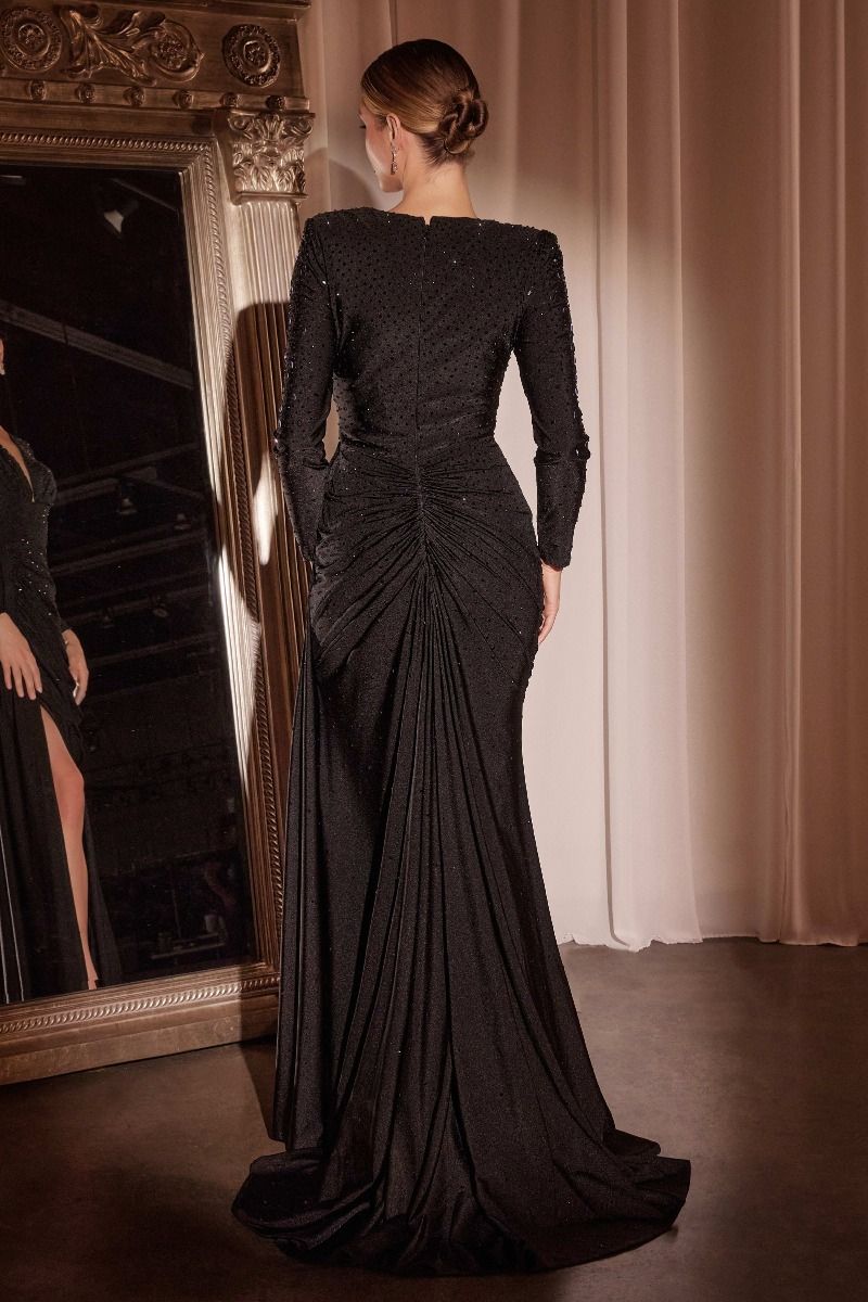 Cinderella Divine -CD788 Satin Embellished Long Sleeve Sheath Dress