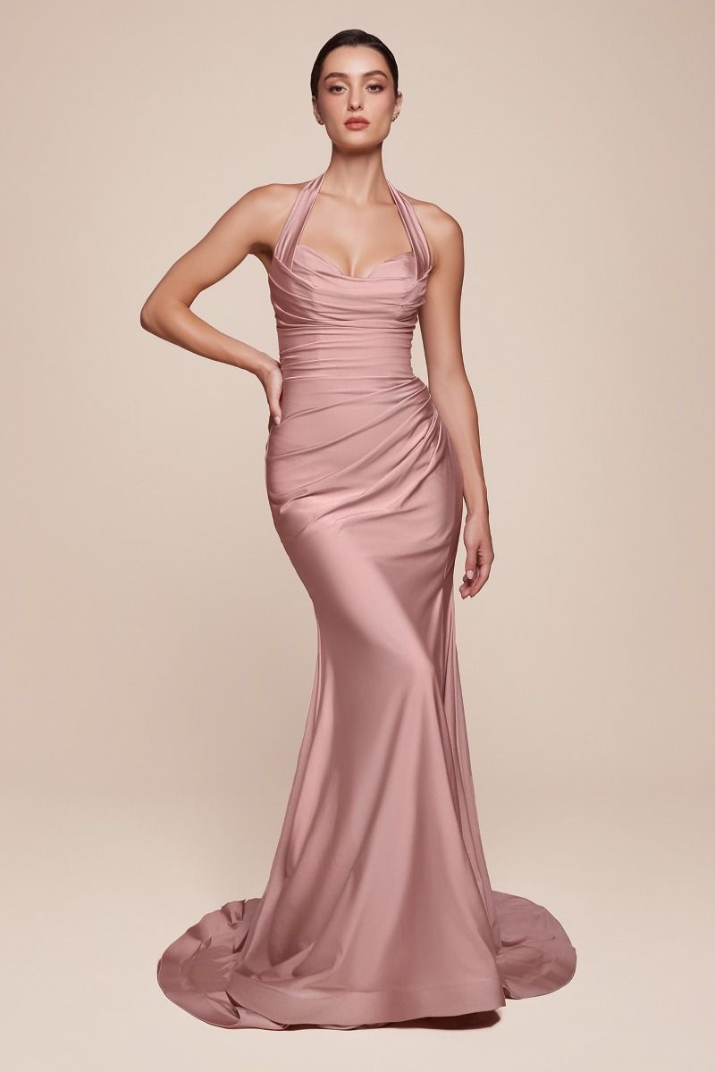 Cinderella Divine -CD796 Halter Neck Satin Sheath Dress