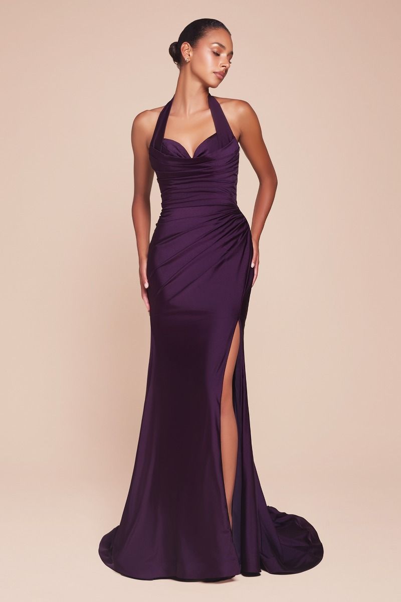 Cinderella Divine -CD796 Halter Neck Satin Sheath Dress