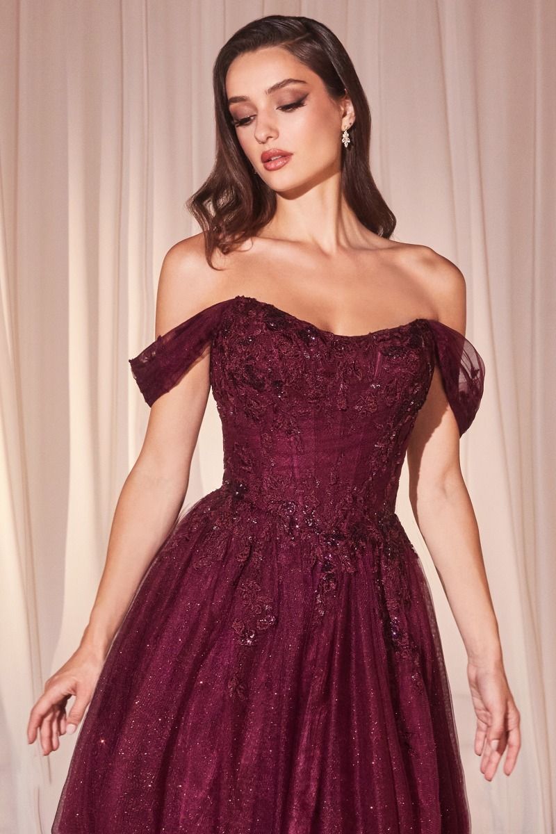 Cinderella Divine -CD799 Floral Applique Off Shoulder A-Line Dress