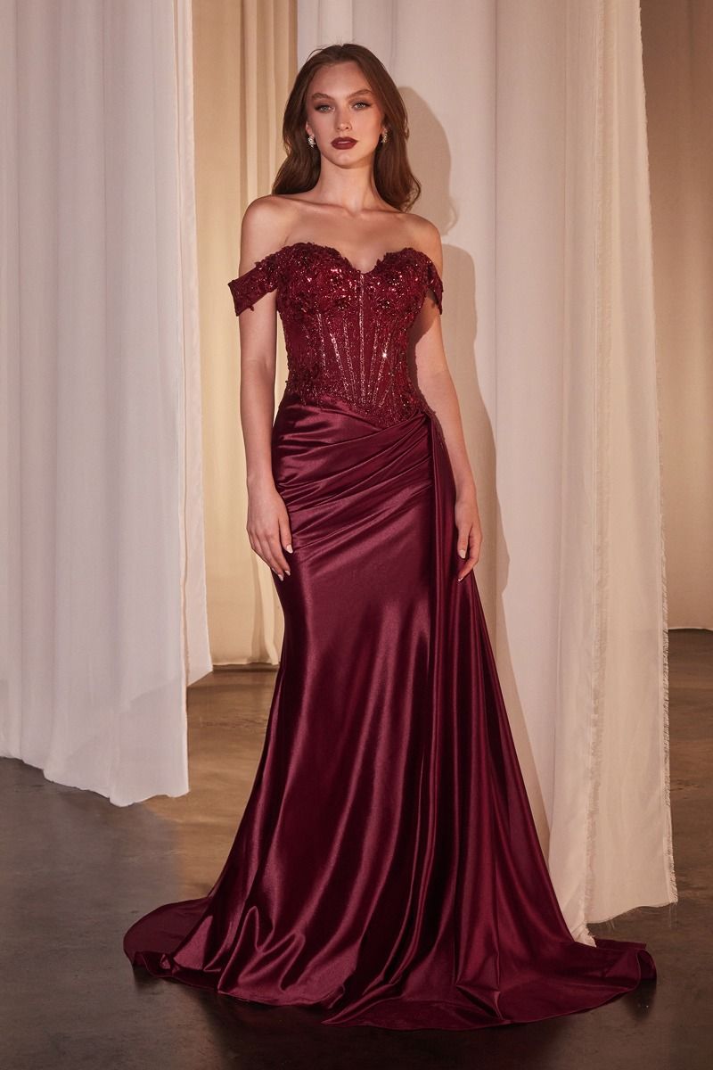 Cinderella Divine -CD803 Off Shoulder Embellished Satin Prom Dress