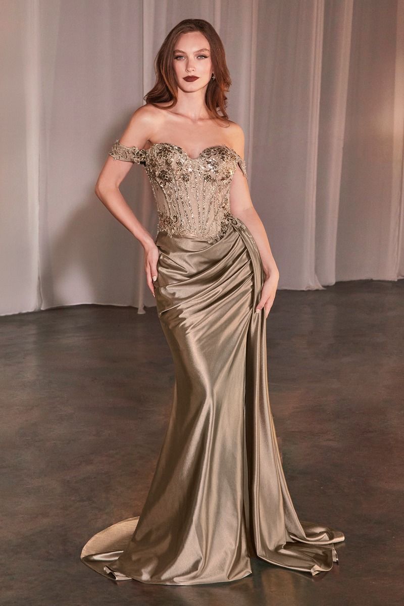 Cinderella Divine -CD803 Off Shoulder Embellished Satin Prom Dress