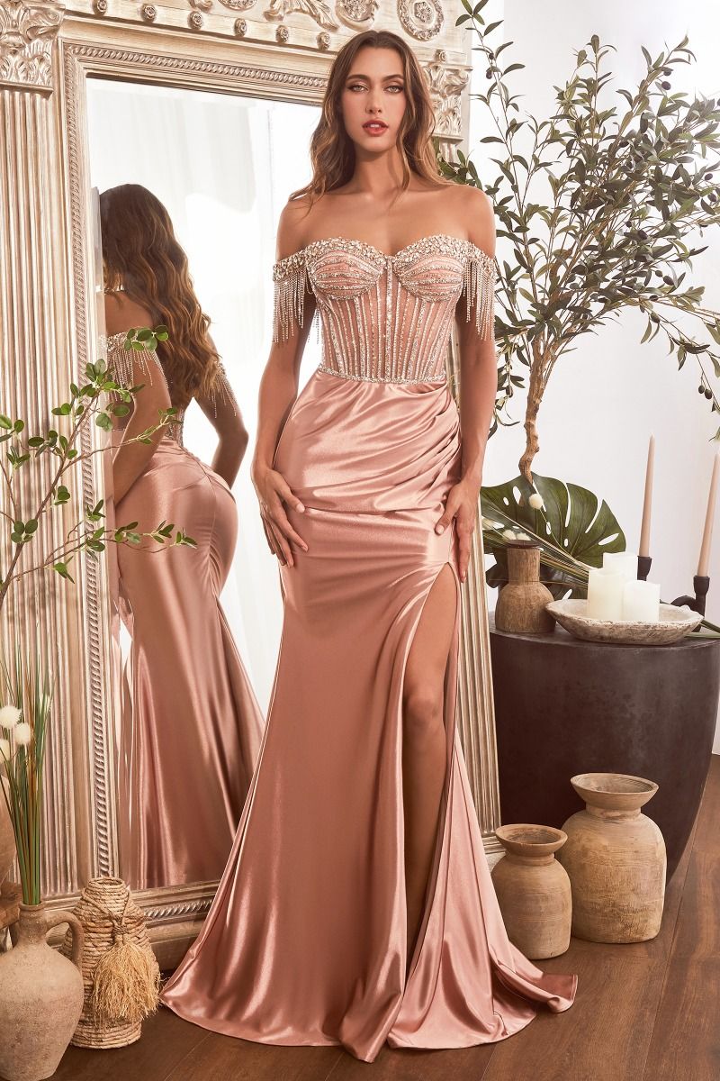 Cinderella Divine -CD821 Embellished Off Shoulder Prom Sheath Dress