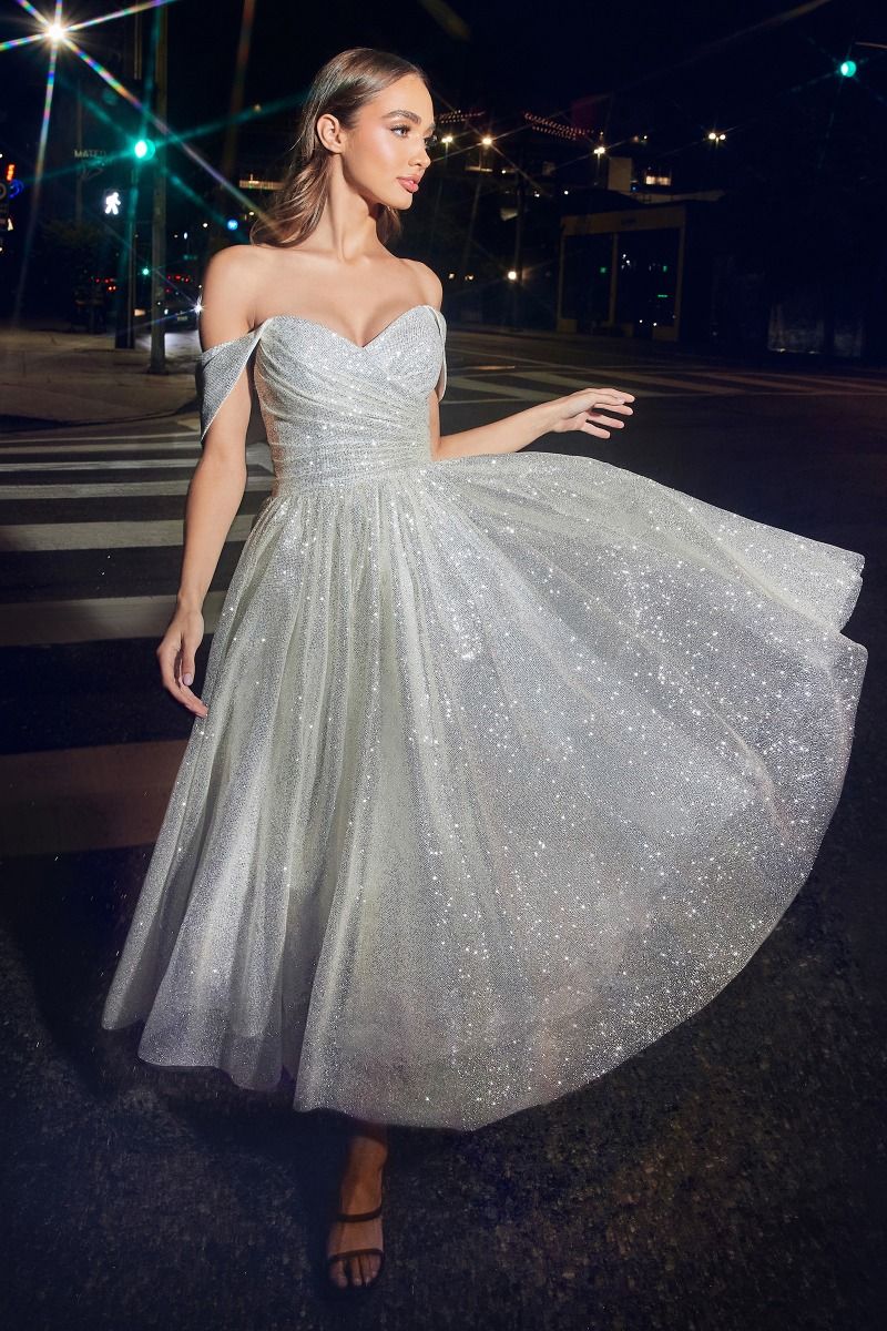 Off The Shoulder Glitter Tea Length Dress By Cinderella Divine -CD869W