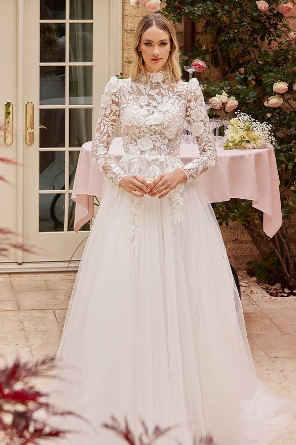 Cinderella Divine - CDS433W High Neck Floral Wedding Gown
