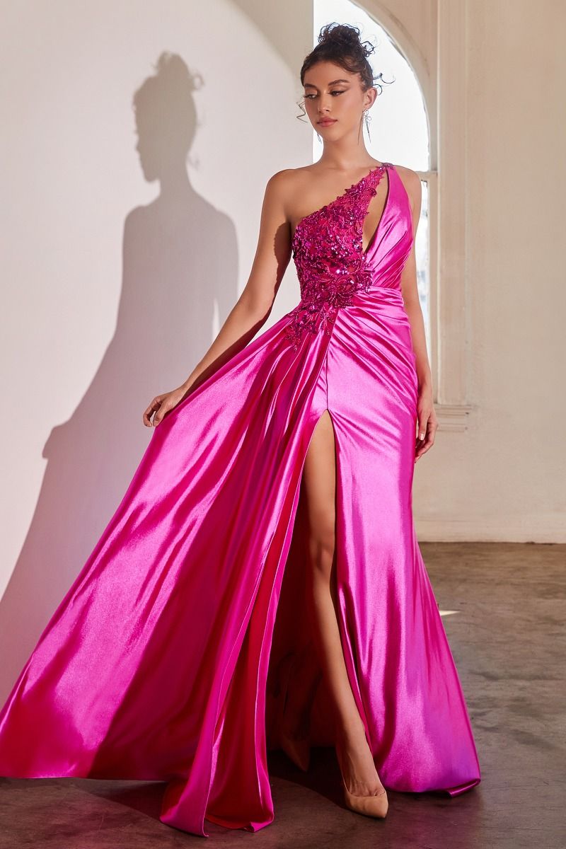 One Shoulder Embellished Satin Gown By Cinderella Divine -CDS454