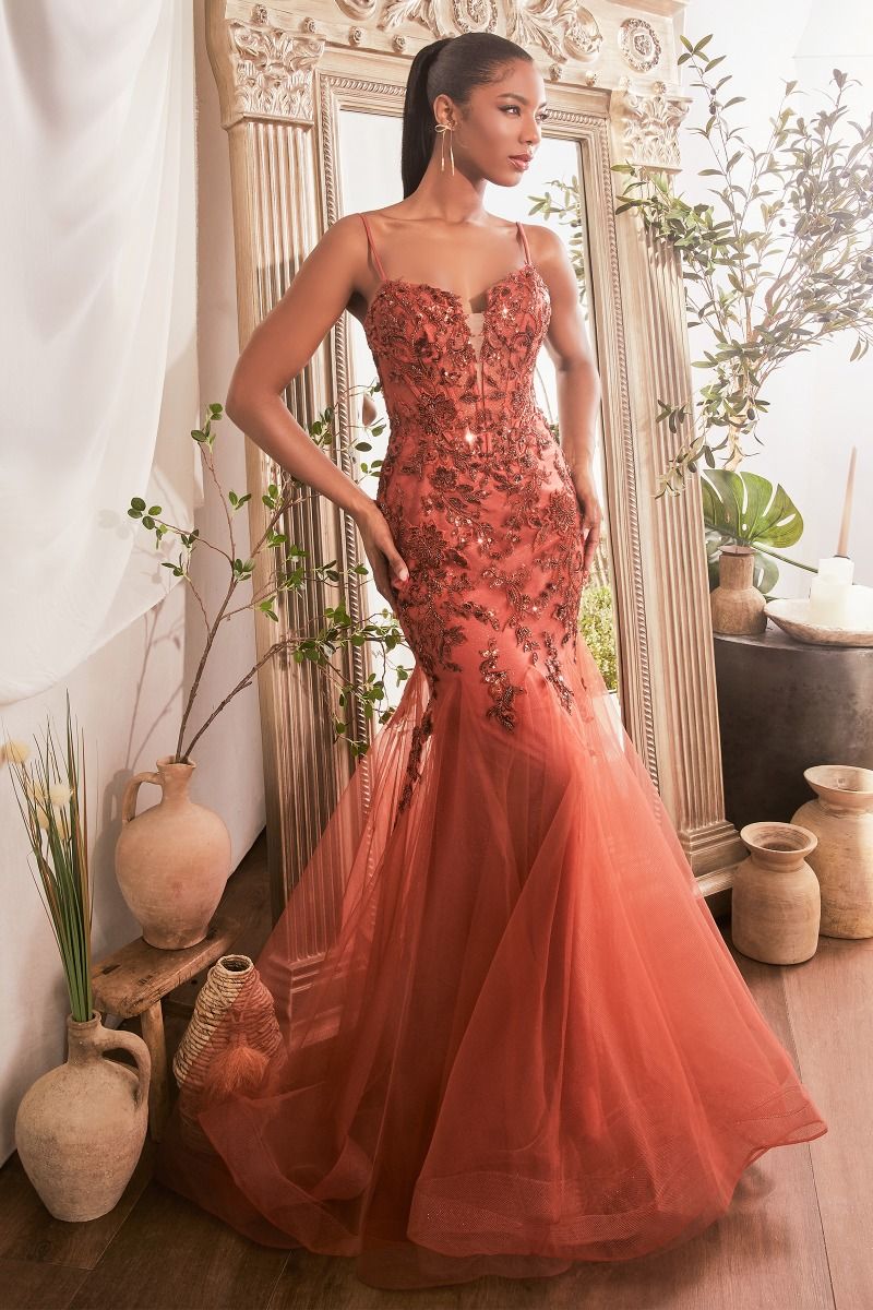 Cinderella Divine -CDS488 Sequin Floral Mermaid Evening Dress