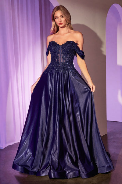 Cinderella Divine -CDS525 Off-the-shoulder Lace And Satin prom Gown