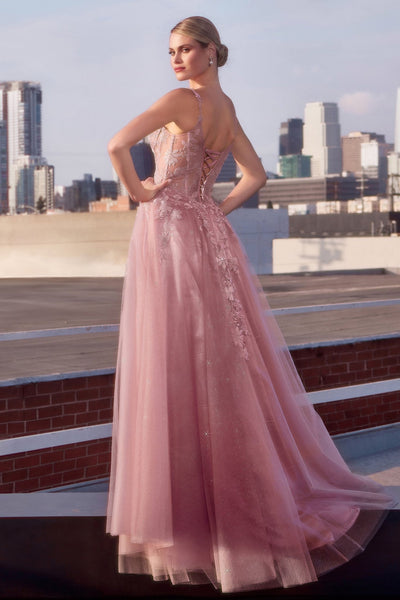 Cinderella Divine -CDS533 Deep V-neckline, Thin Straps & Floral Prom Gown