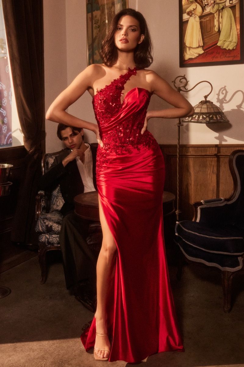 Cinderella Divine -CDS535 Satin One Shoulder Dress With Less Applique