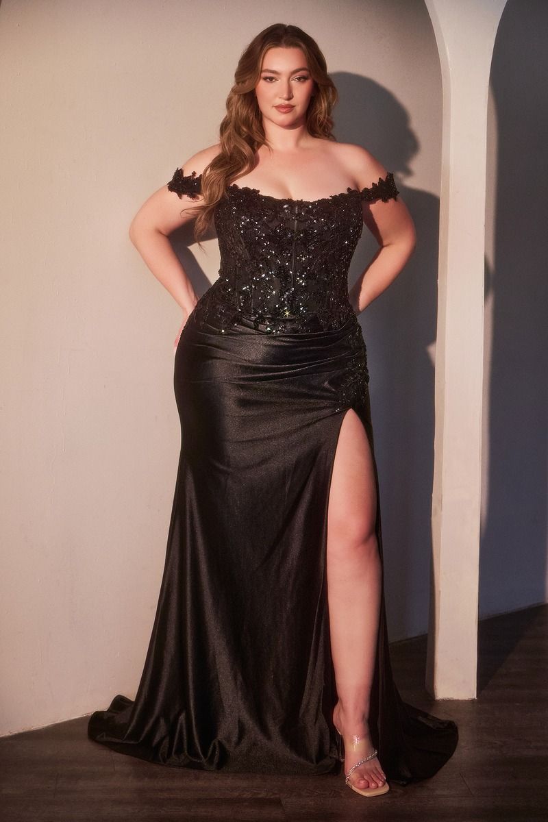 Cinderella Divine -CDS537C Off The Shoulder Lace & Satin Curve Dress