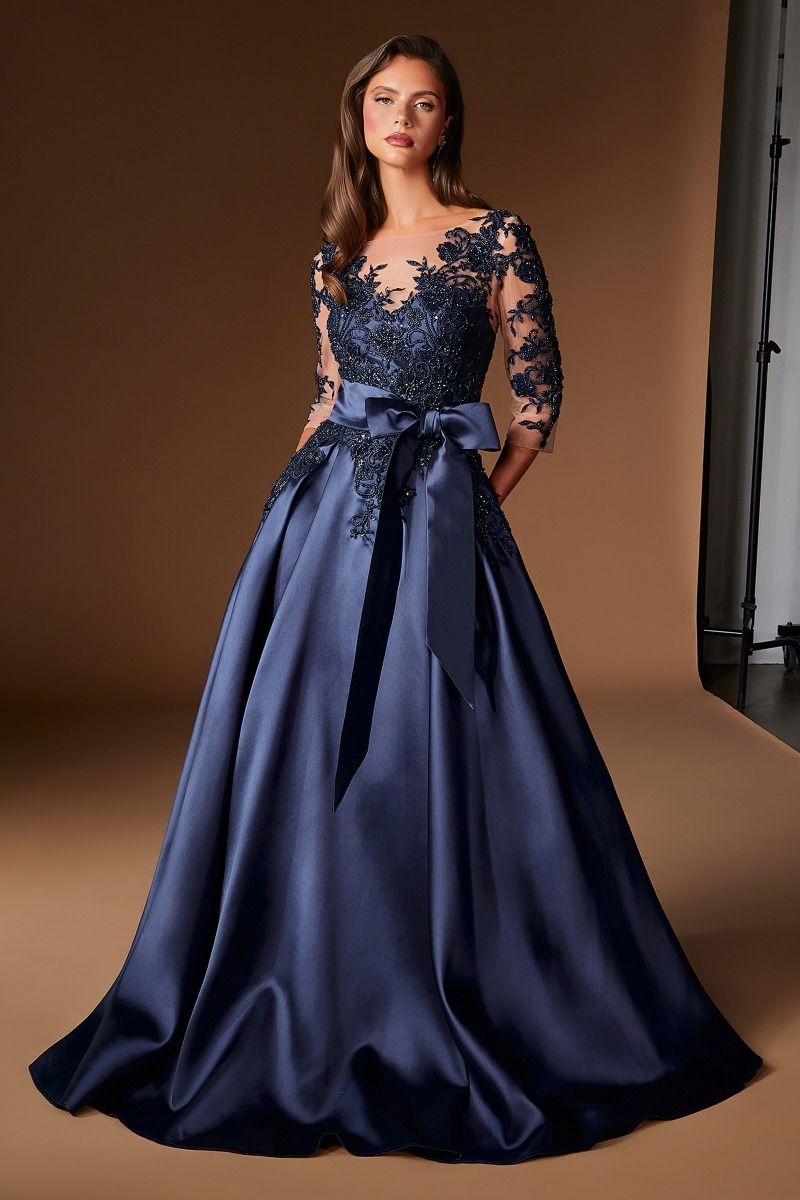 Cinderella Divine -CDS569 Bateau Beaded Lace Mikado A-line Prom Gown