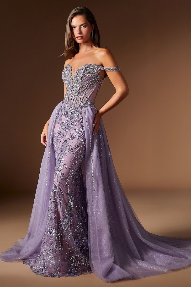Cinderella Divine -CDS570 Bateau Beaded Lace Mikado A-line Prom Gown