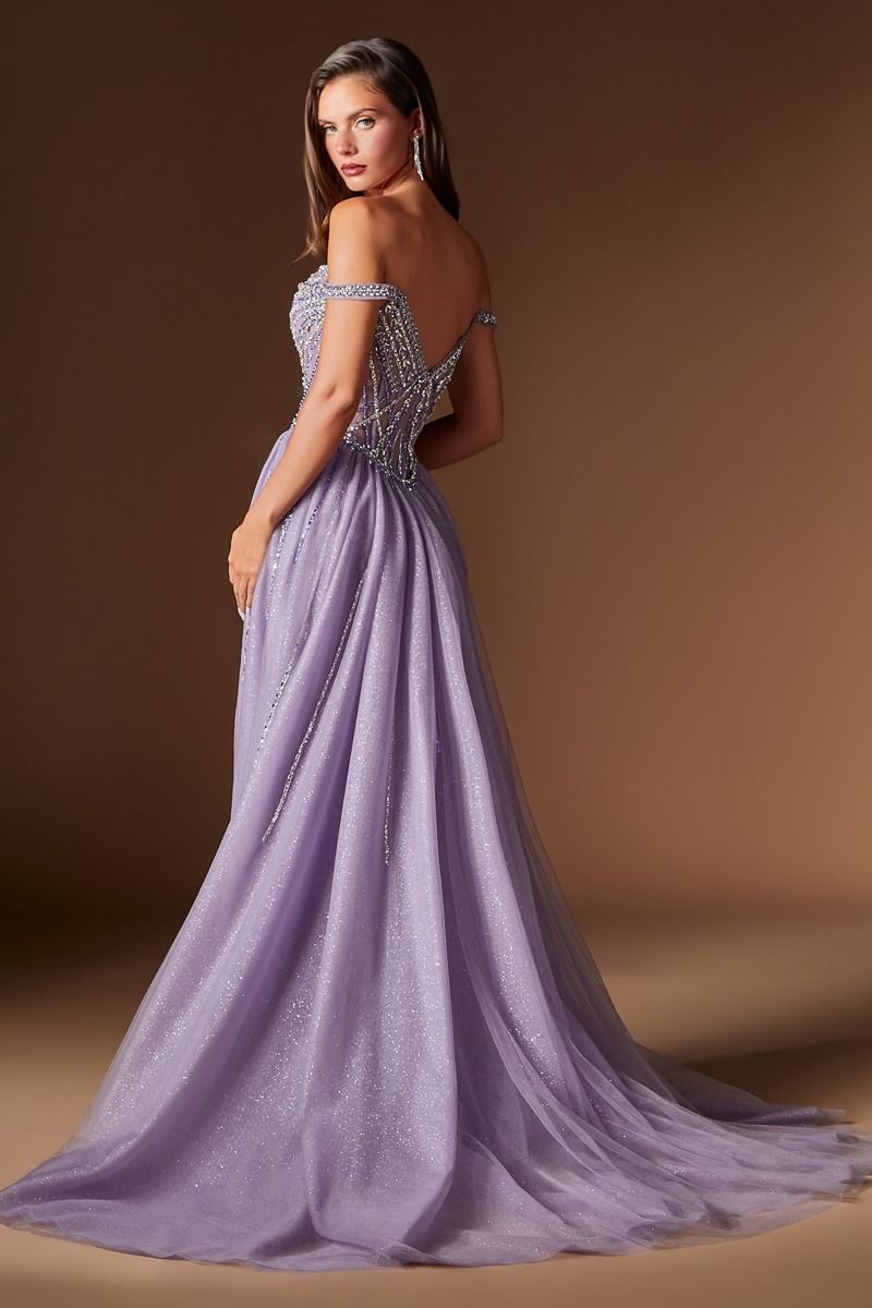 Cinderella Divine -CDS570 Bateau Beaded Lace Mikado A-line Prom Gown