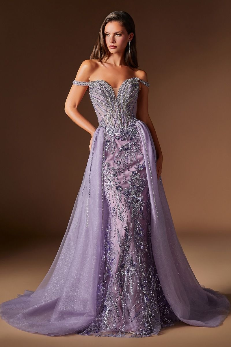 Cinderella Divine -CDS570 Bateau Beaded Lace Mikado A-line Prom Gown