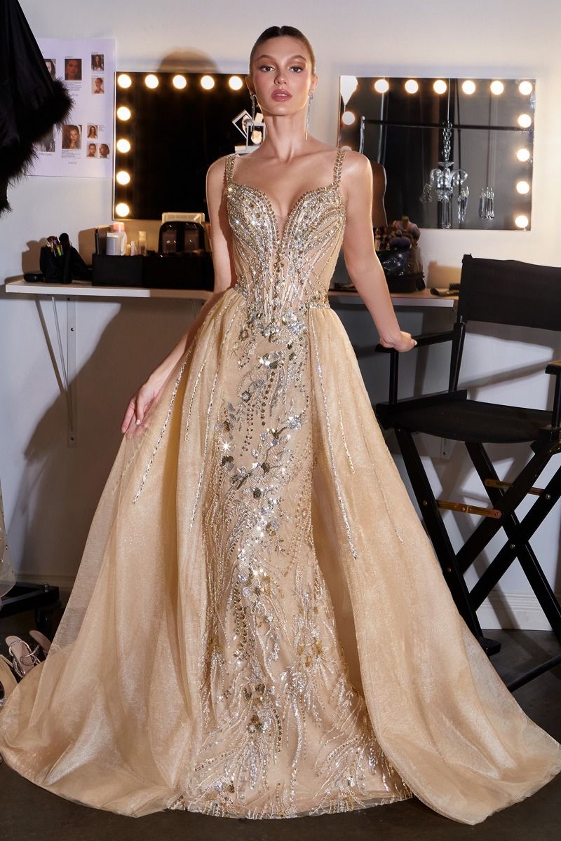 Cinderella Divine -CDS570 Bateau Beaded Lace Mikado A-line Prom Gown