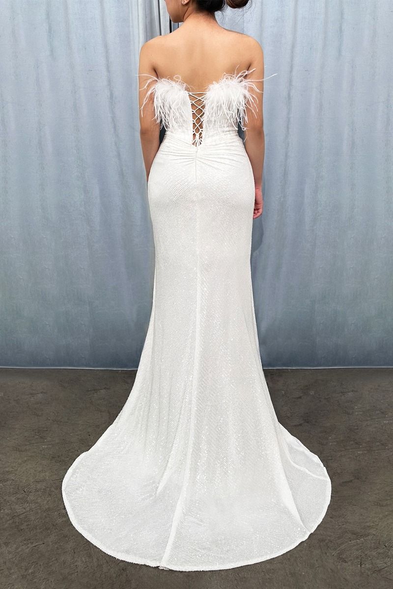 Sequin & Feather Strapless White Gown By Cinderella Divine -CH147W