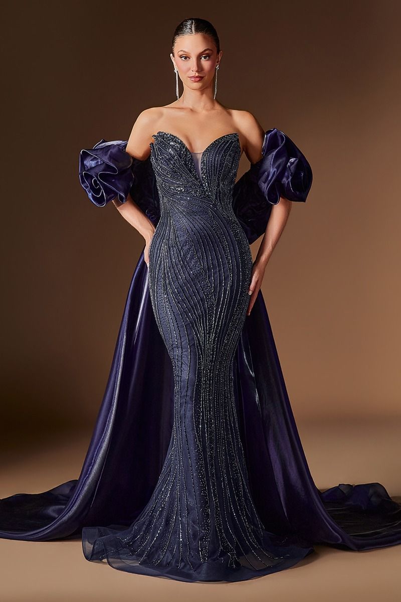 Cinderella Divine -CJ933 Strapless Plunging Sweetheart Mermaid Overskirt Gown