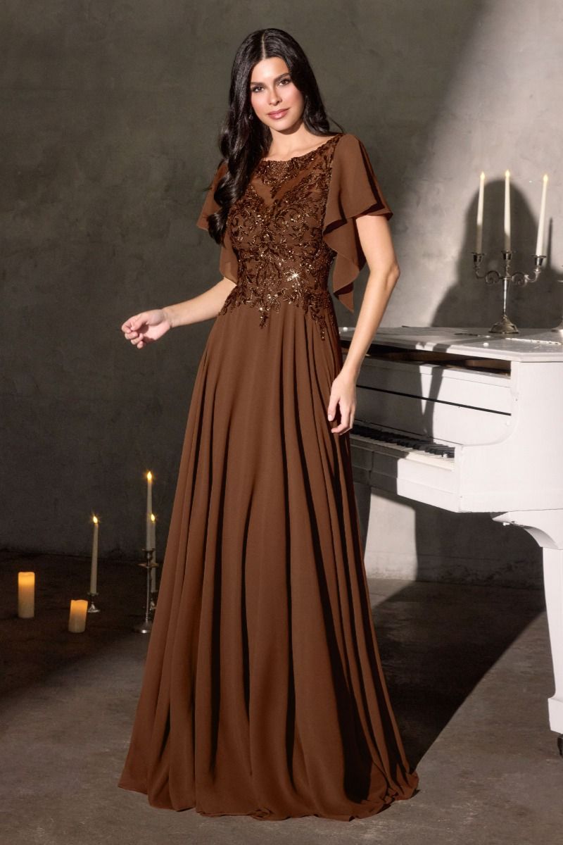 Cinderella Divine -CL09 Chiffon Beaded Sleeve A-line Gown