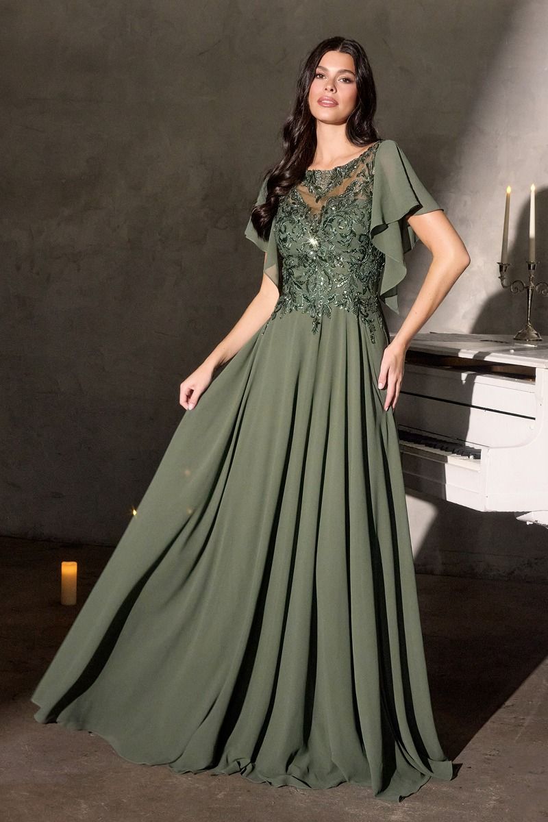 Cinderella Divine -CL09 Chiffon Beaded Sleeve A-line Gown