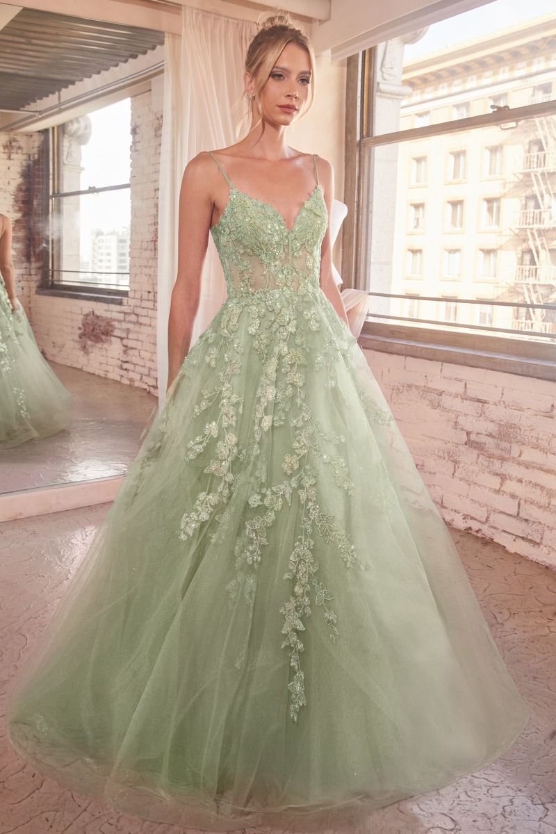 Cinderella Divine -CM347 V-Neck Floral Applique Ball Gown