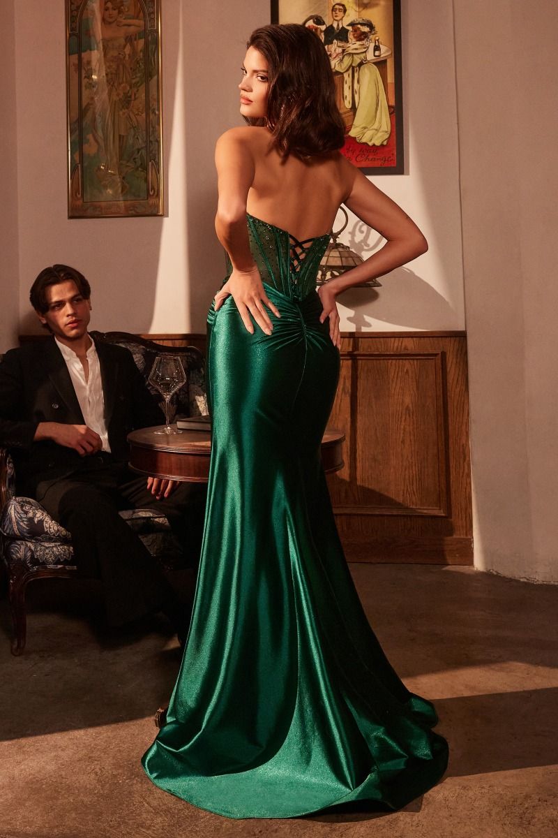 Cinderella Divine -CM378 Satin Beaded Prom Gown With High Leg Slit