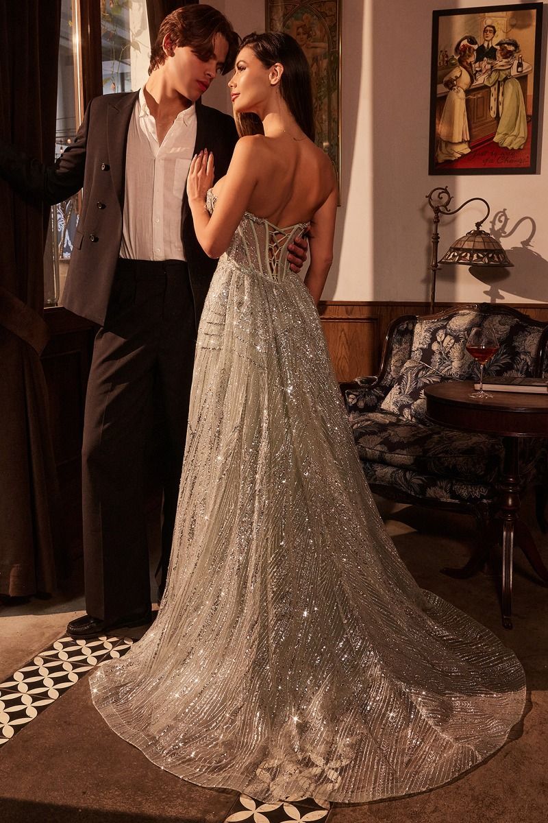 Cinderella Divine -CM384 Strapless plunging Glitter Printed Prom Dress