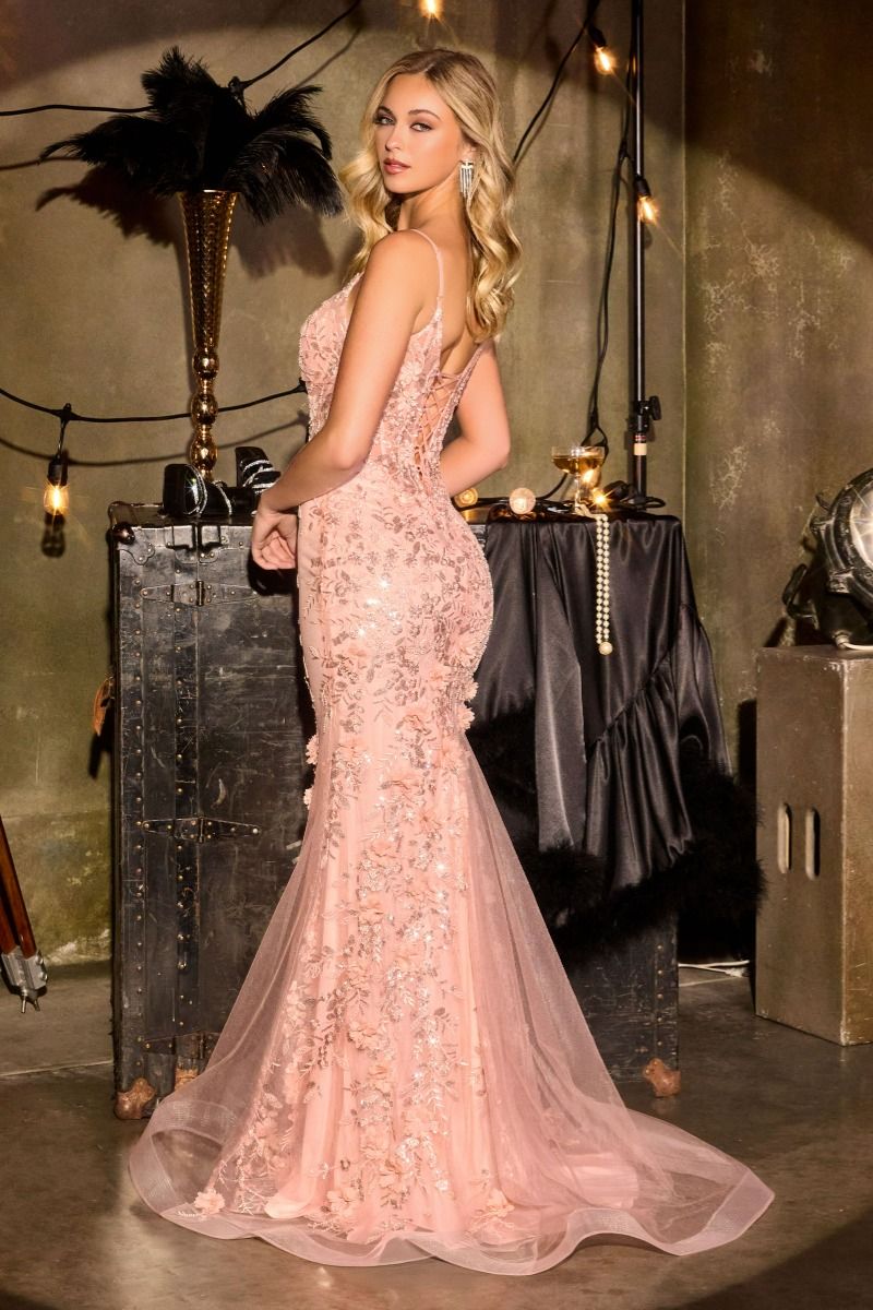 Cinderella Divine -CT264 Evening party gown with V-neckline and 3D floral applique shimmering beadwork.