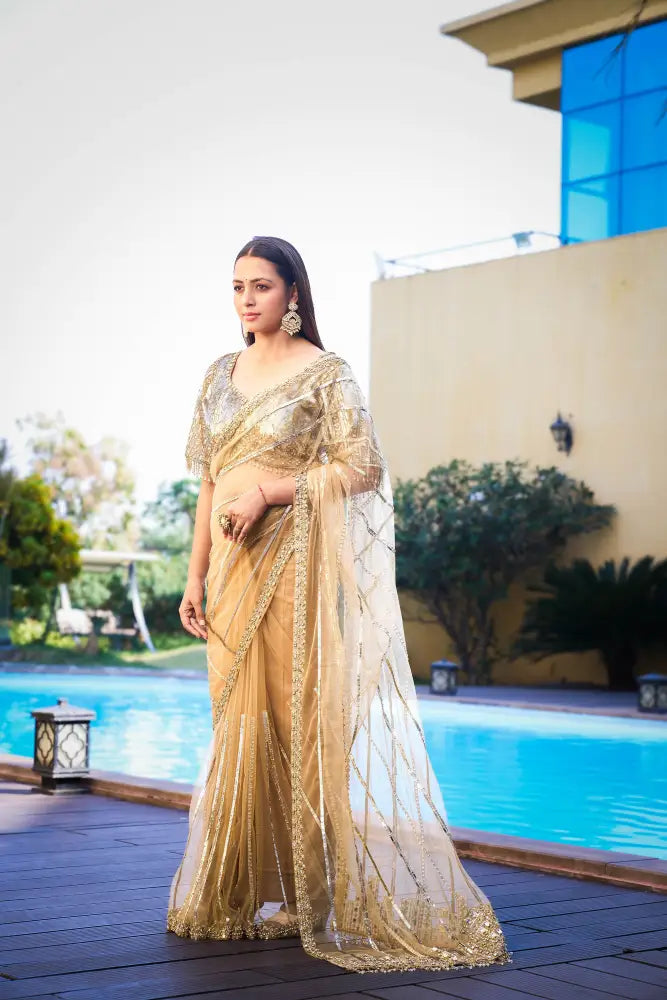 MyFashion KLS-1003 Elegant Gold And Silver Saree With Heavy Sequins & Intricate Handwork
