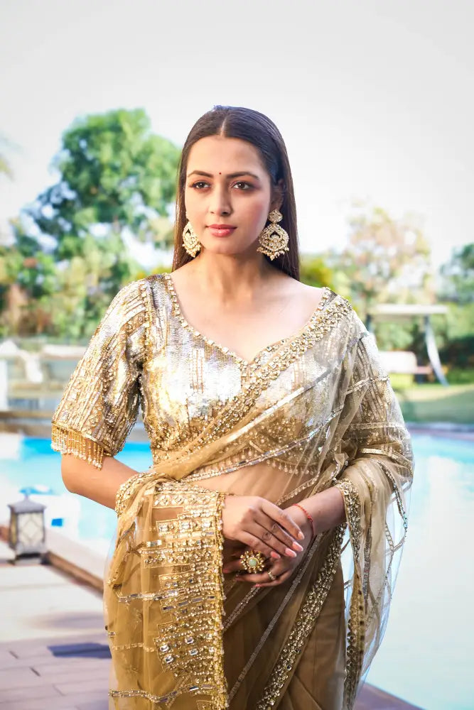MyFashion KLS-1003 Elegant Gold And Silver Saree With Heavy Sequins & Intricate Handwork