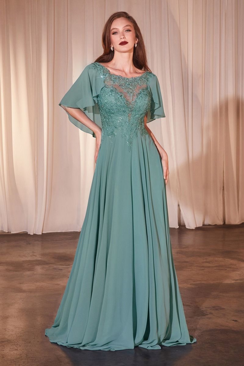 Long Chiffon Capelet Dress By Cinderella Divine -HT101