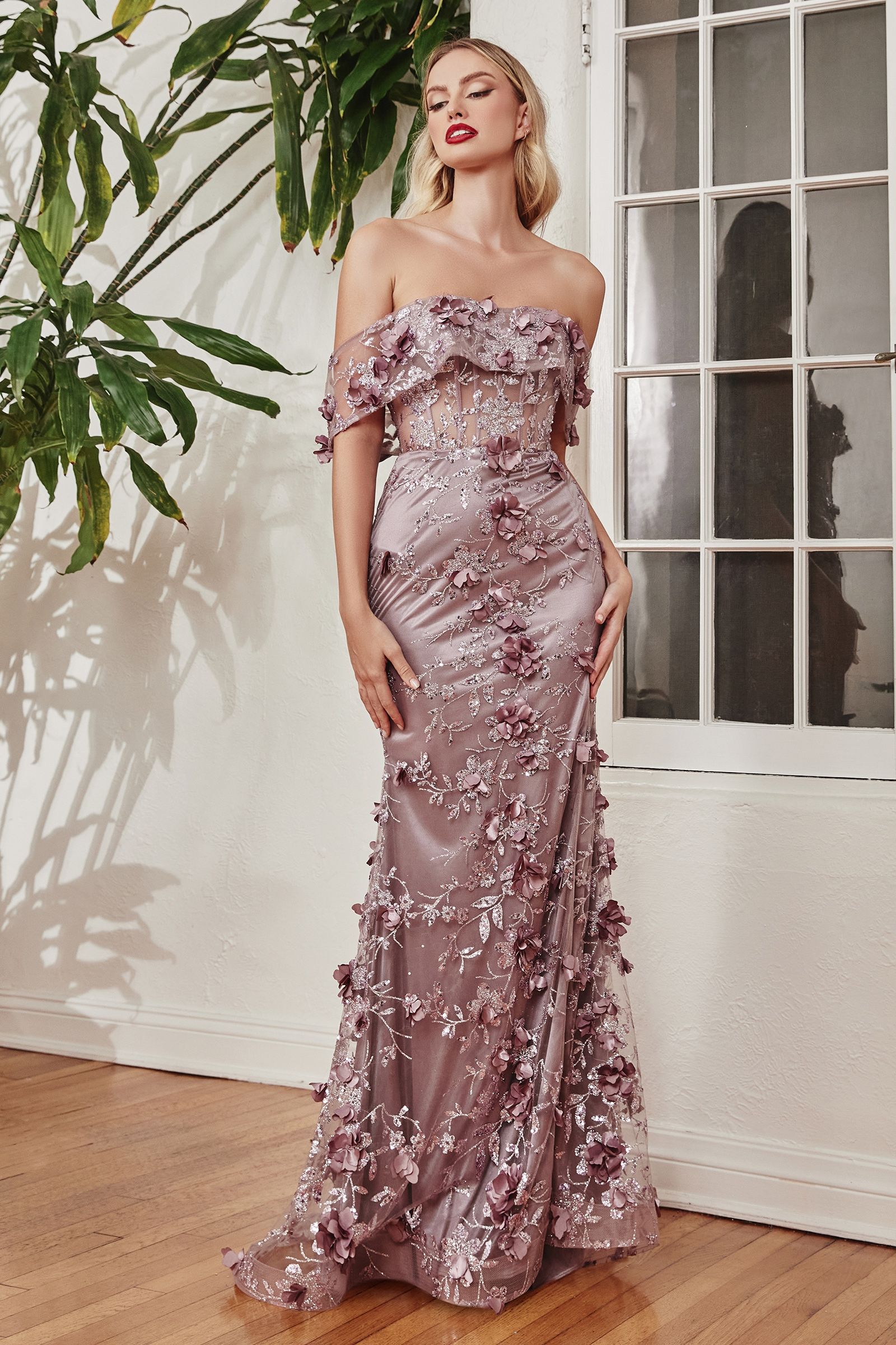 Floral Print Fitted Off The Shoulder Gown By Cinderella Divine -J832