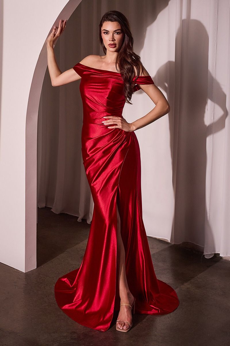 Cinderella Divine -J877 Off The Shoulder Satin Sheath Dress