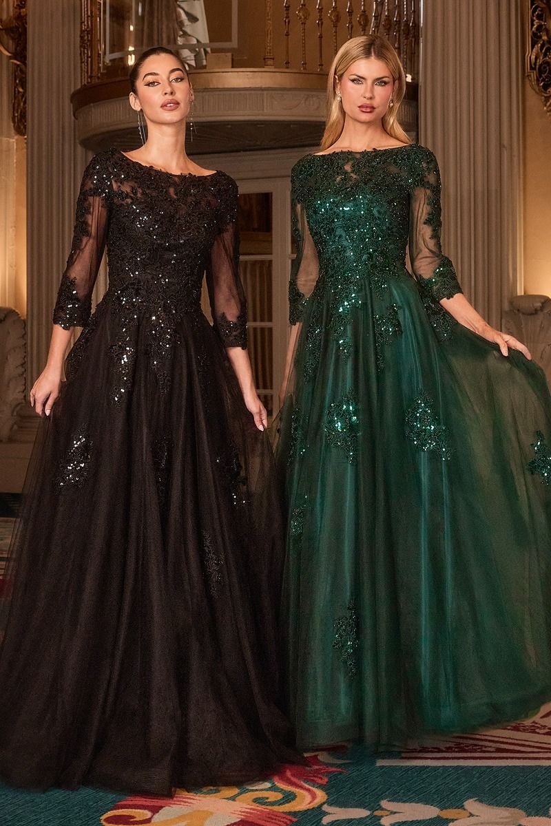 Cinderella Divine -J883 Applique Boat Neck A-line Gown
