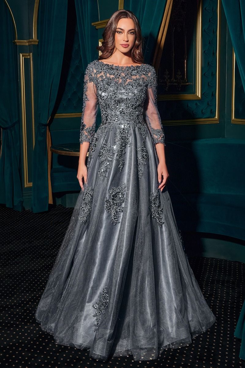 Cinderella Divine -J883 Applique Boat Neck A-line Gown