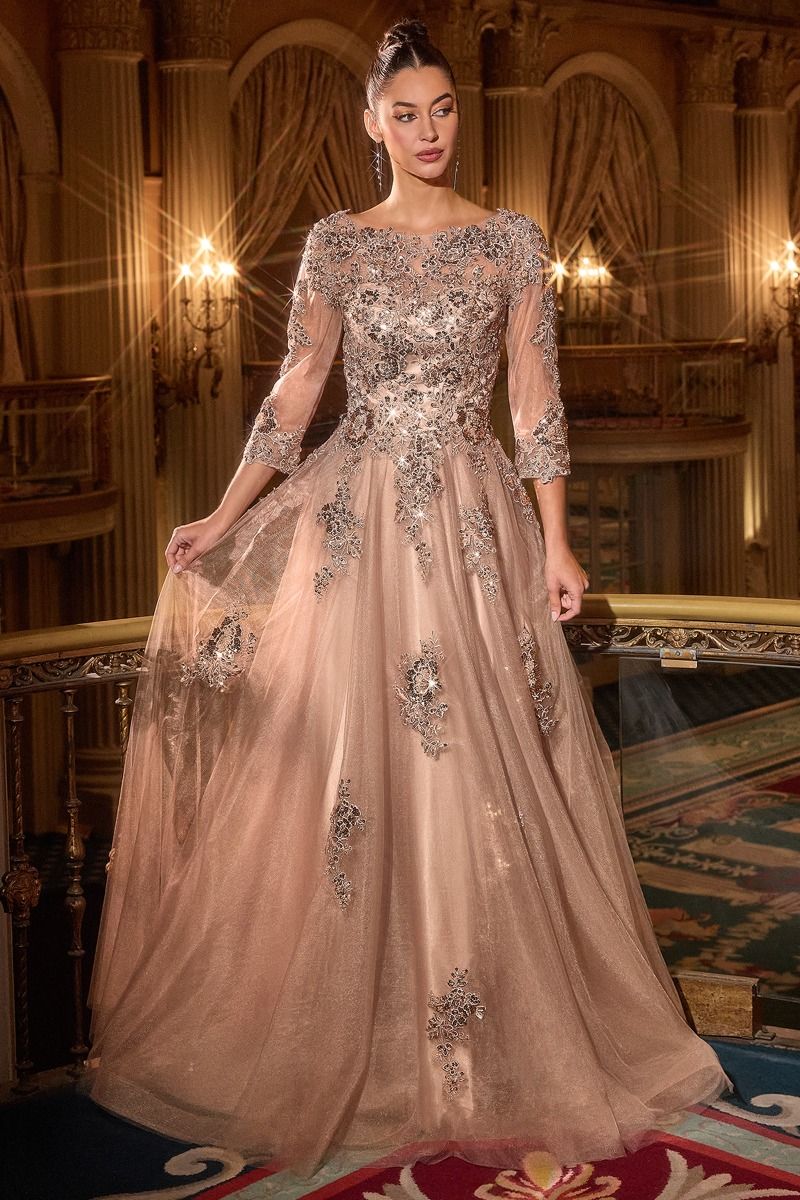 Cinderella Divine -J883 Applique Boat Neck A-line Gown