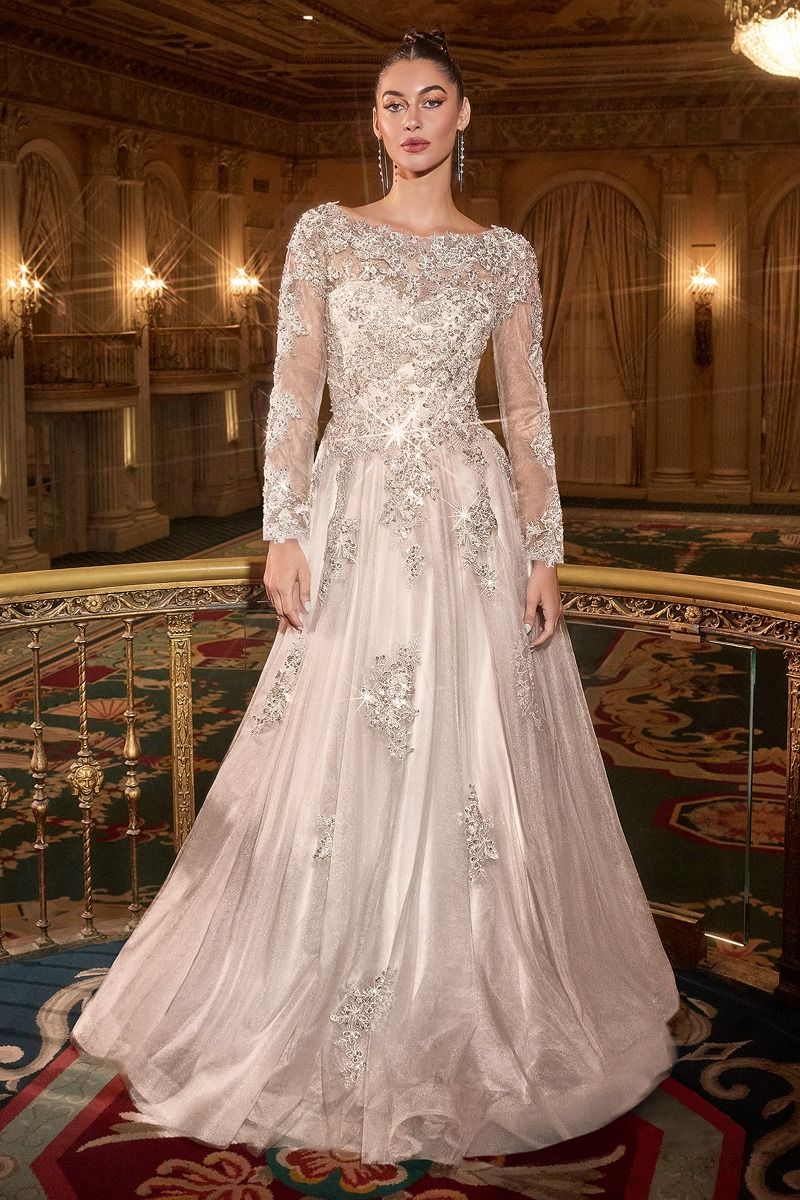 Cinderella Divine  -J883W Fully Sequined Scoop Neck A Line Bridal Gown
