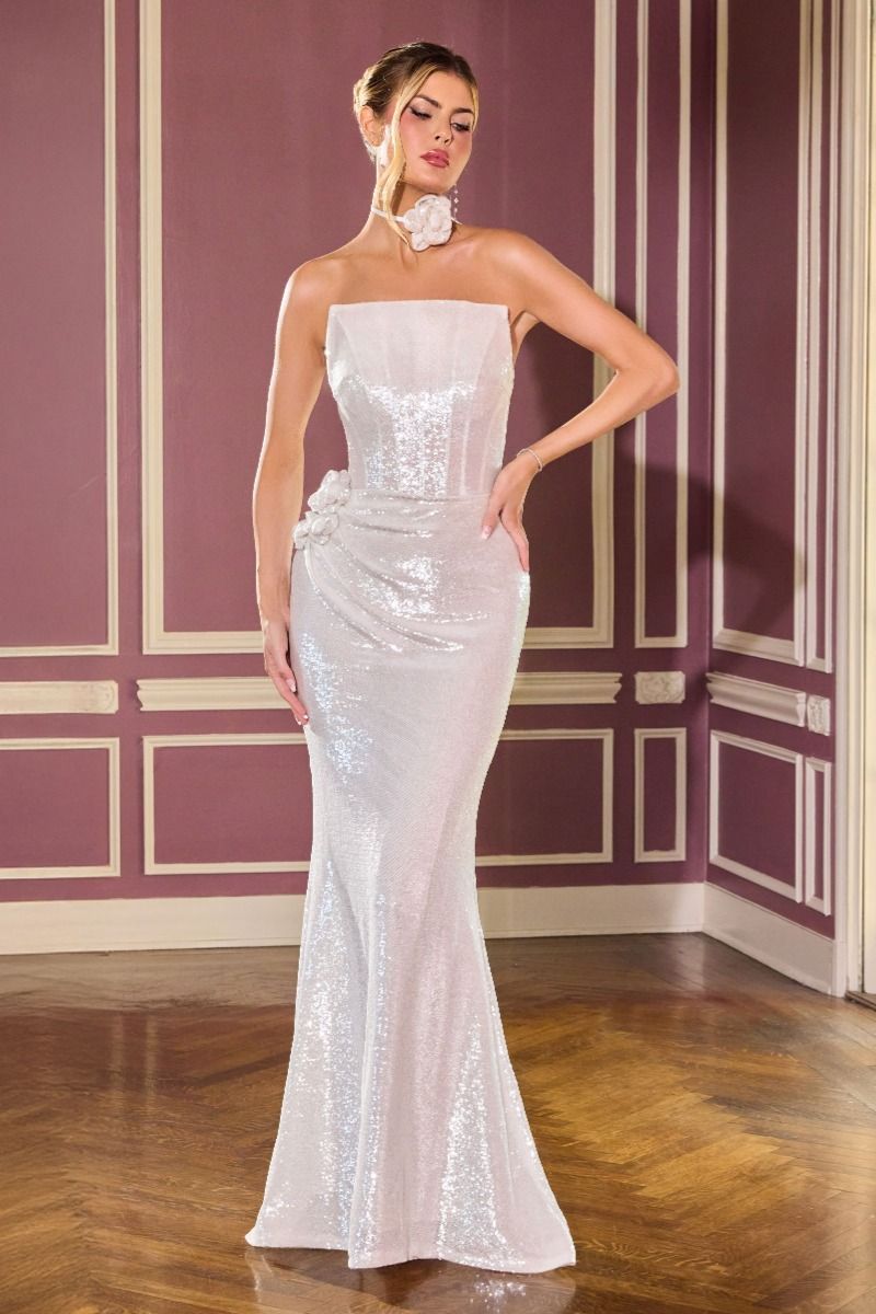 Cinderella Divine -J905 Strapless neckline sequins gown with side illusion details, floral appliqued accent & choker