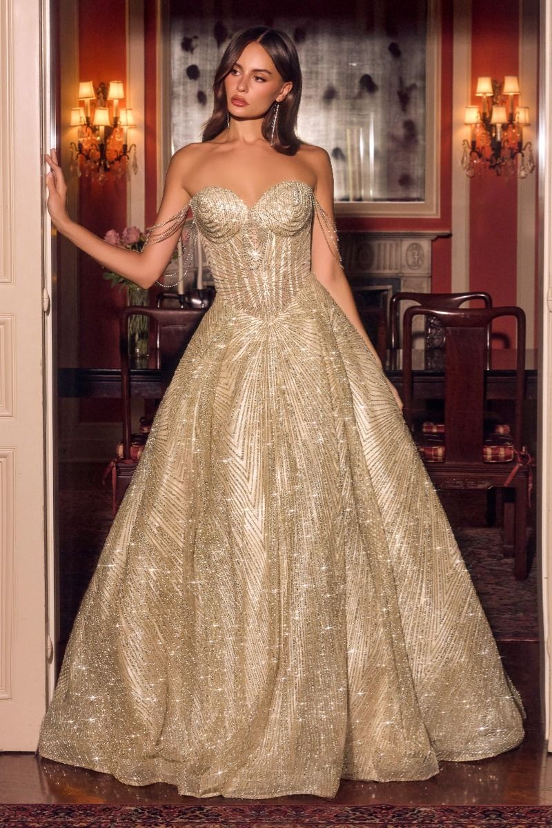 Cinderella Divine -J915 Beaded Sweetheart Glitter Tulle Prom Gown