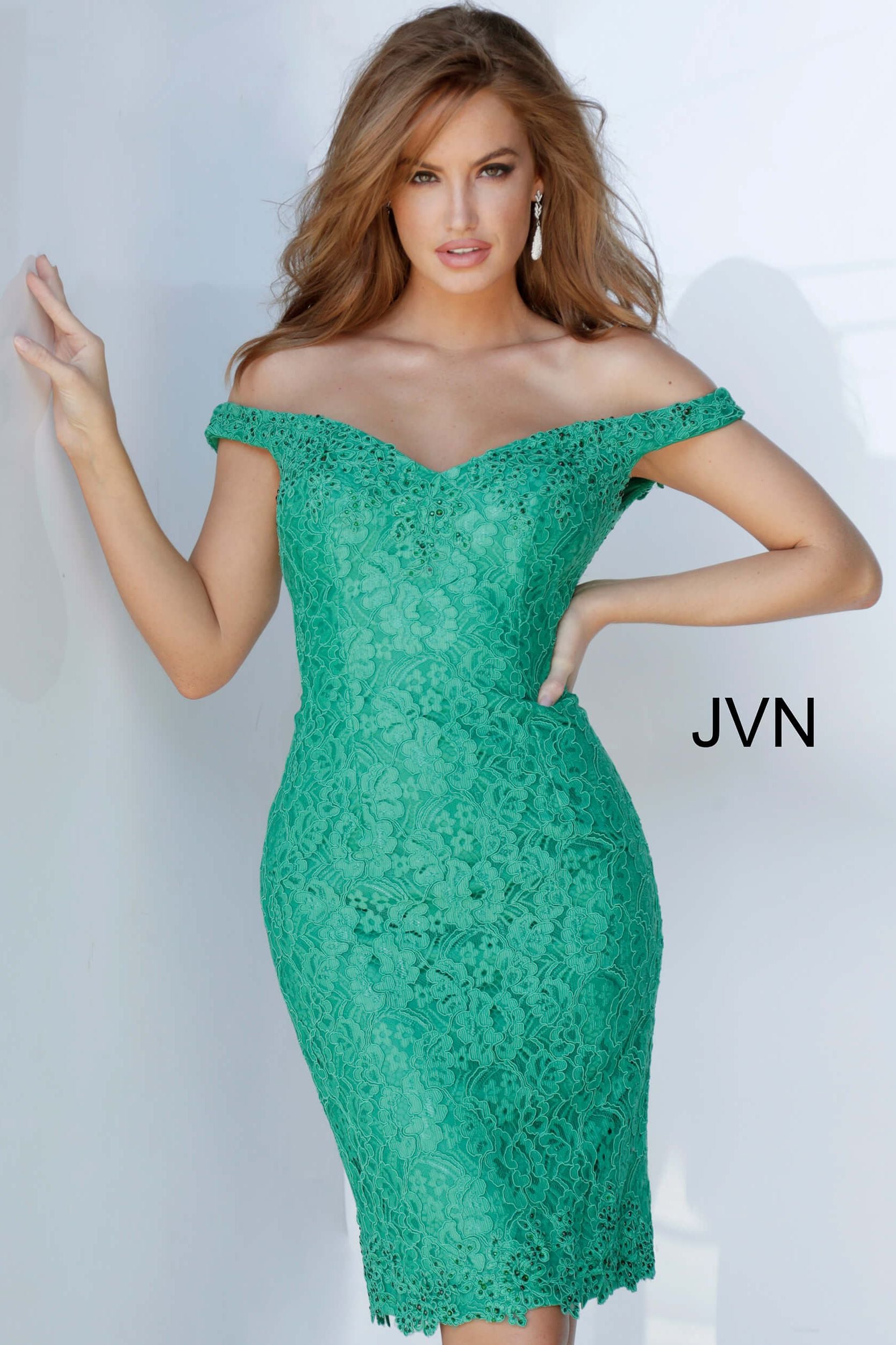 Jovani -JVN62568 Laced Off Shoulder Cocktail Sheath Dress