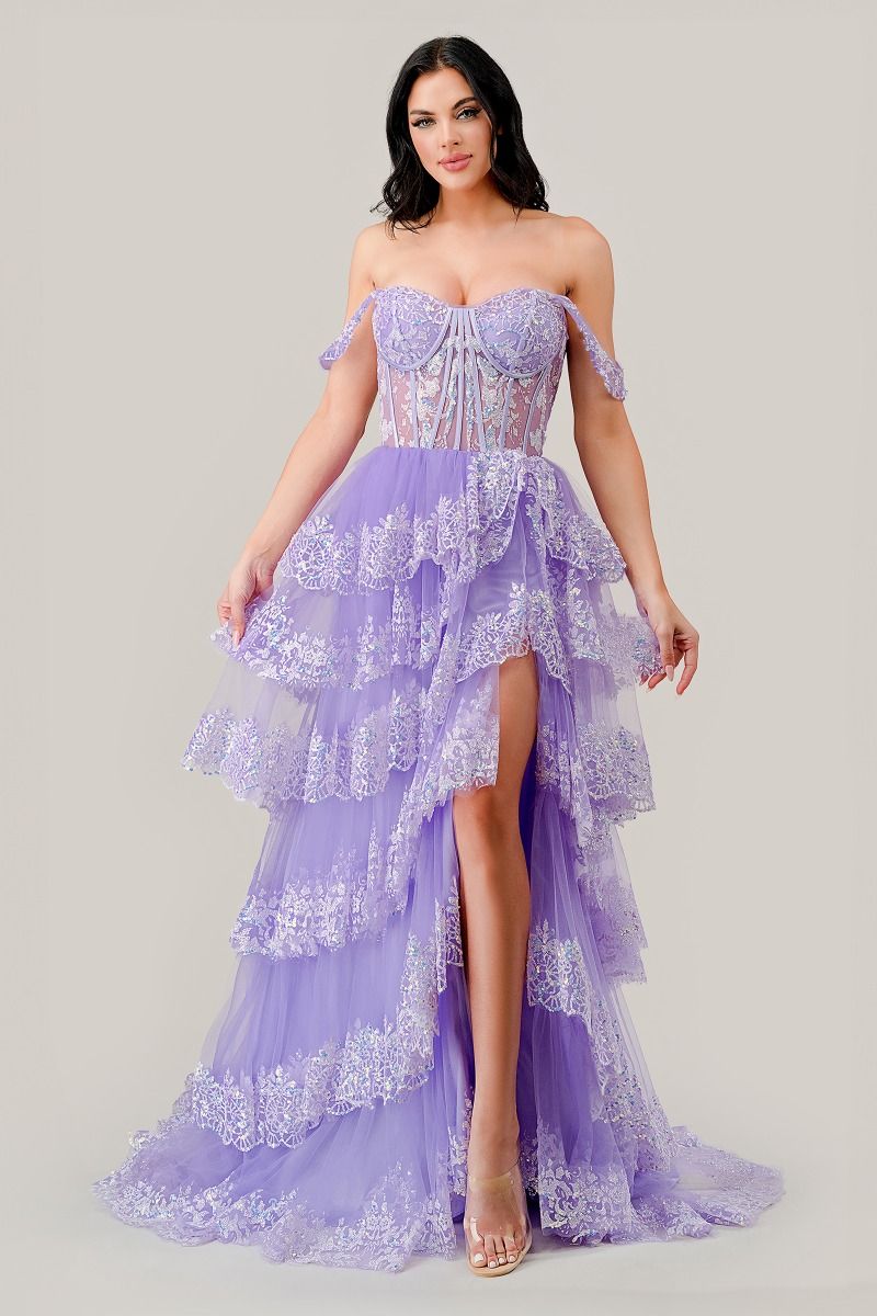 Cinderella Divine -KV1110 Off Shoulder Layered Sequin Dress