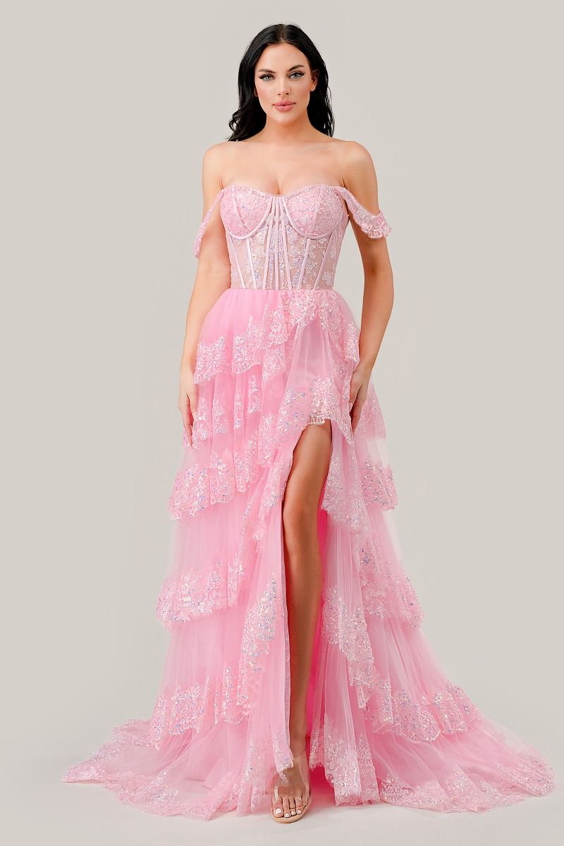 Cinderella Divine -KV1110 Off Shoulder Layered Sequin Dress
