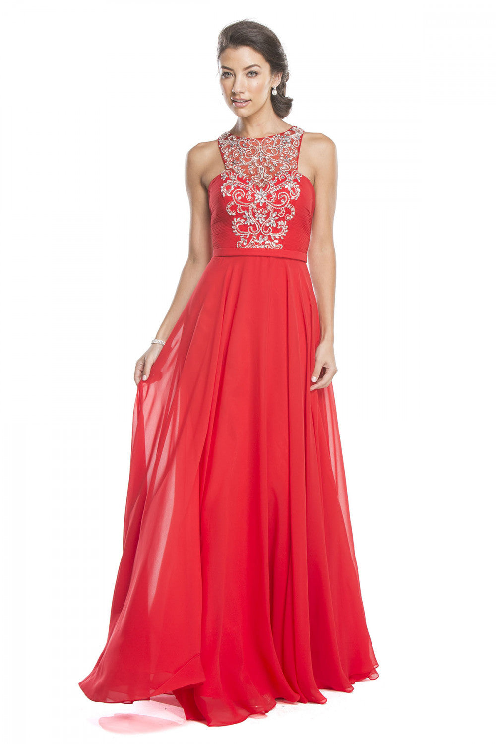 Aspeed Design -L1705 High Neck Beaded Illusion A-line Dress