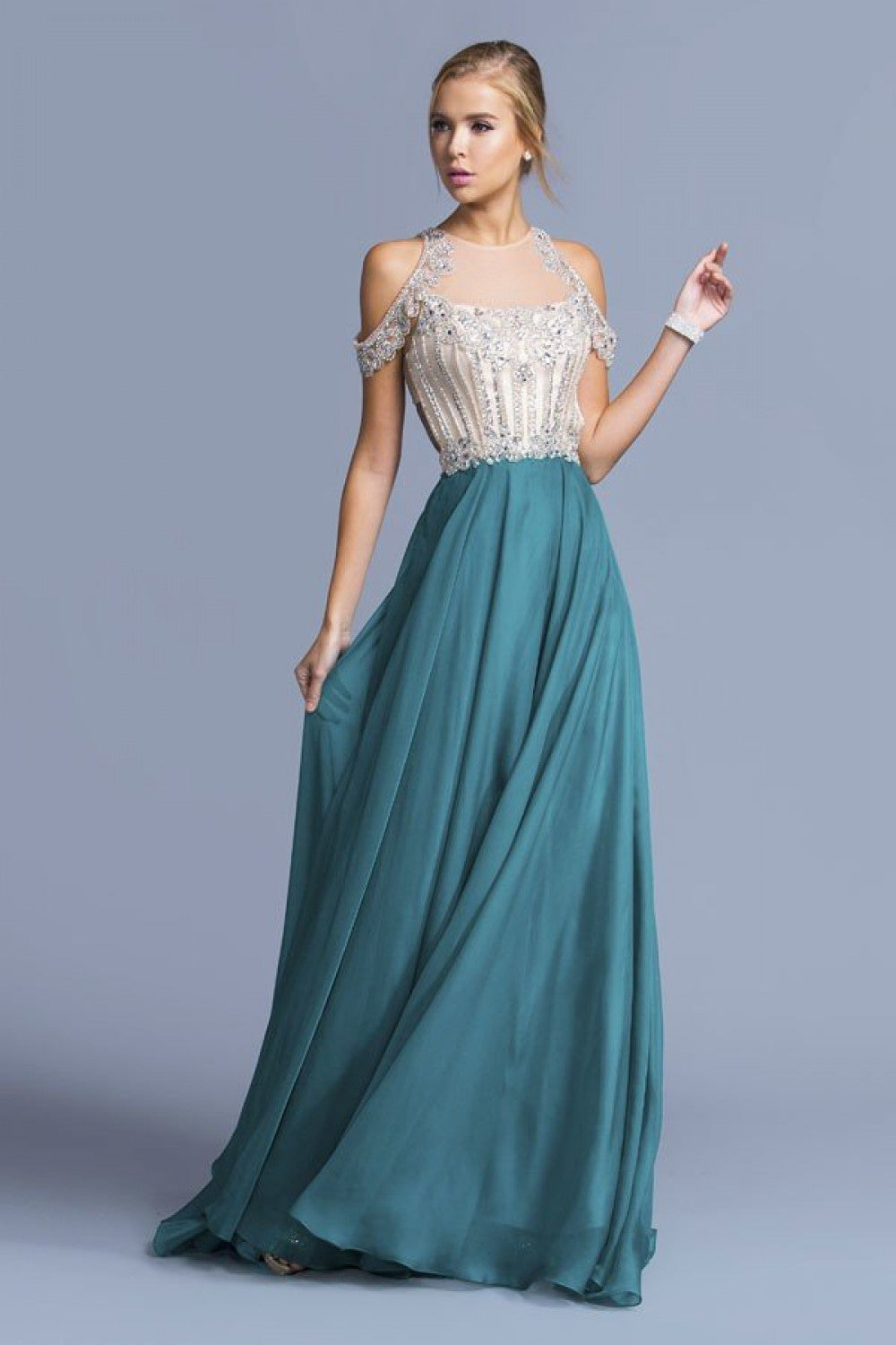 Aspeed Design -L2059 Cold Shoulder A-Line Evening Dress